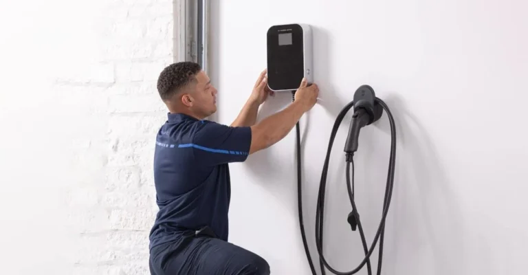 Electrician mounting a wall-mounted Level 2 EV charger in a garage